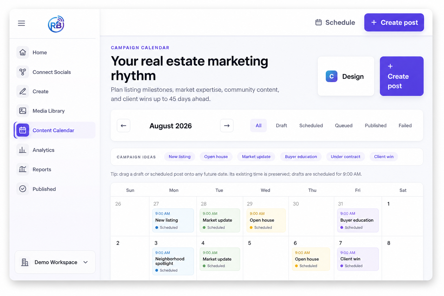 RealtorBroadcast Content Calendar showing sample real estate campaigns scheduled up to 45 days ahead